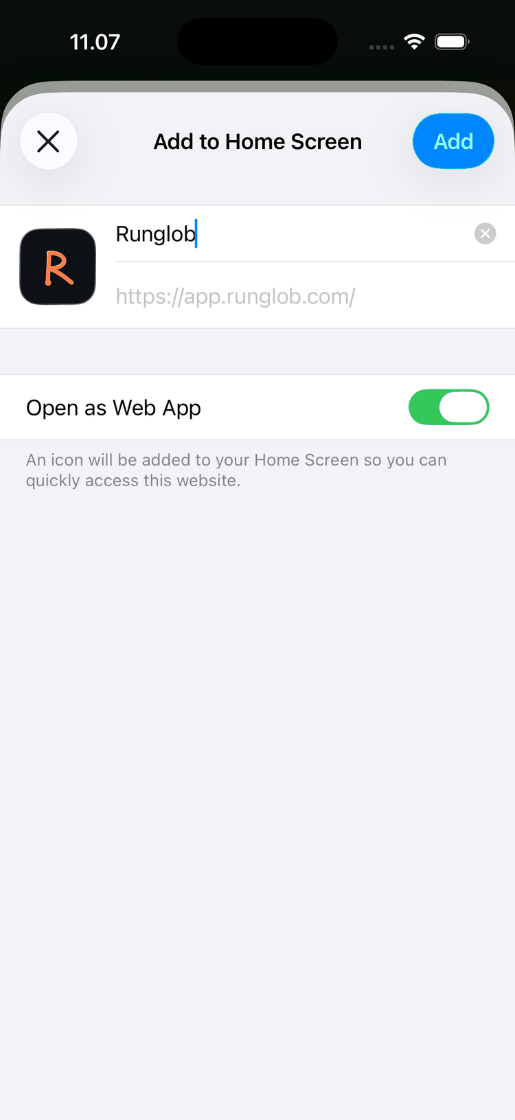 The Add to Home Screen dialog showing the Runglob icon and name